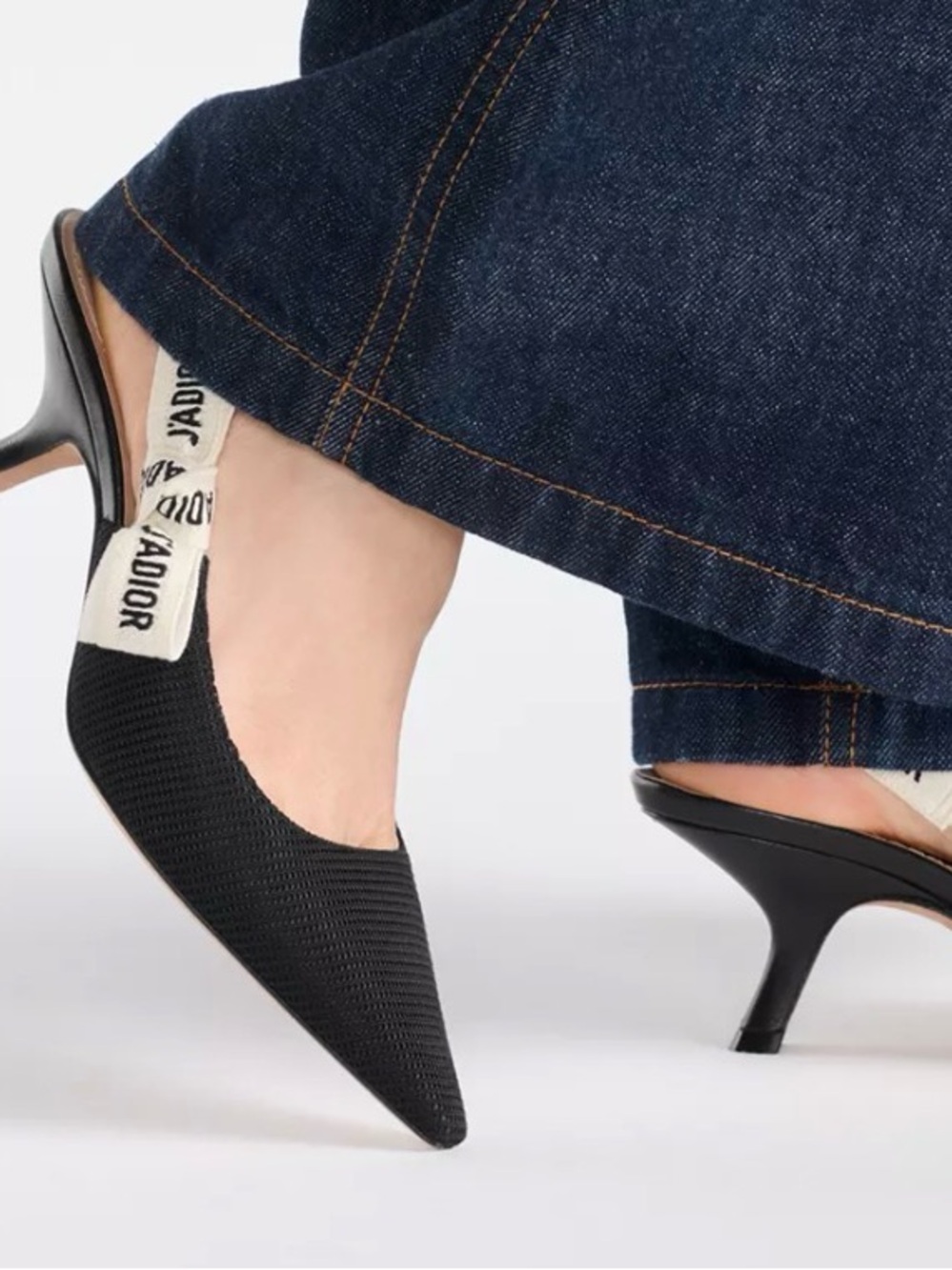 Black Pointed Slingback Kitten Heels with Branded Heel Ribbon